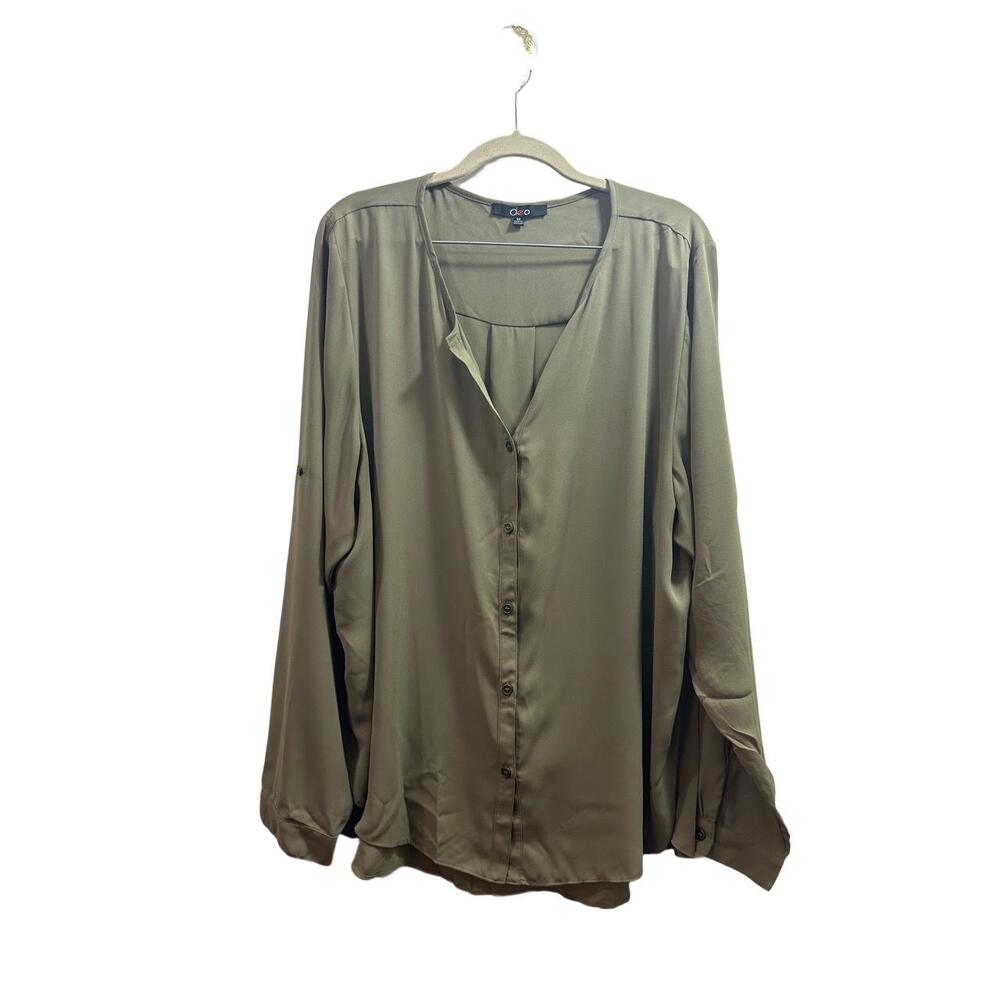 Cleo Blouse Women Plus Size 3X Olive Green ButtonUp Long Sleeve V-Neck Roll Tab